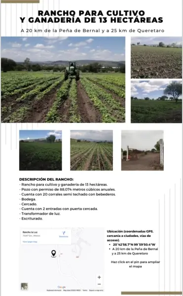 Rancho para Cultivo y Ganadería en Queretaro