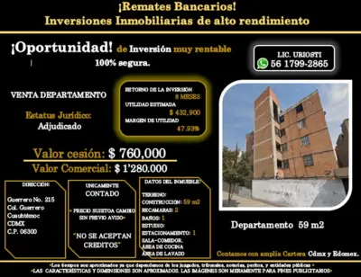 CUAUHTEMOC OPORTUNIDAD ÚNICA MAGNIFICO DEPARTAMENTO DE REMA