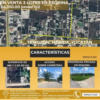 VENTA DE 3 LOTES EN ESQUINA EN TEMOZON NORTE MERIDA YUCATAN