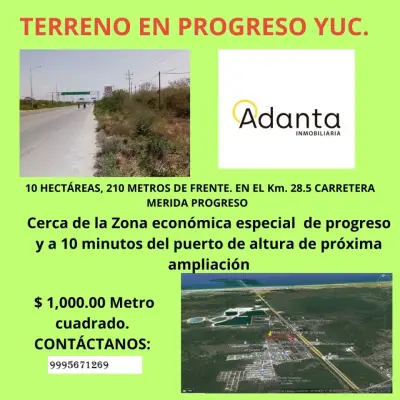 VENTA DE TERRENO EN PROGRESO YUCATAN 10 HECTAREAS