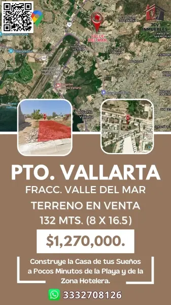 Terreno en Venta en Fracc. Valle del Mar, Pto Vallarta. 132m