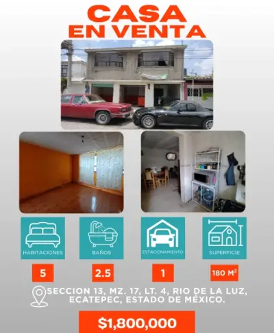 Casa con 5 recamaras 2.5 baños garage precio 1,800,000.00