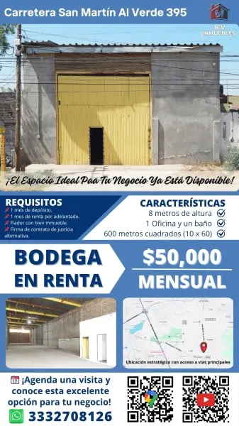 Bodega en Renta en San José el Verde, El Salto. 600 Mts.