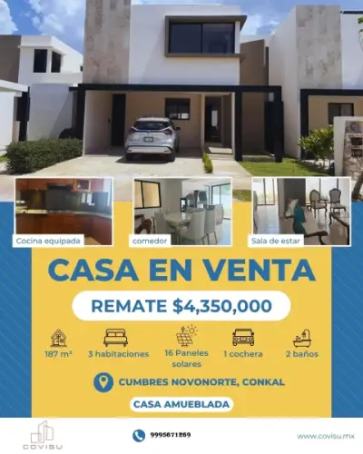 VENTA DE CASA AMUEBLADA EN CUMBRES NOVONORTE CONKAL YUCATAN 