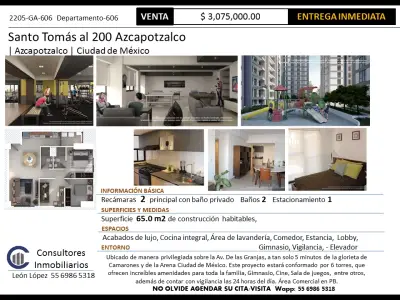 Departamento en Venta - Azcapotzalco, 65 m2 Acabados de lujo
