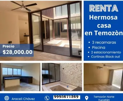 RENTA DE CASA EN TEMOZON NORTE MERIDA YUCATAN 