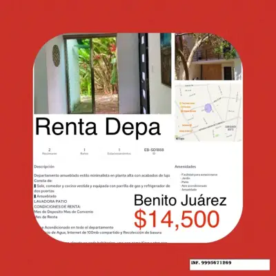RENTA DE DEPARATAMENTO AMUEBLADO EN BENITO JUAREZ NORTE MER.