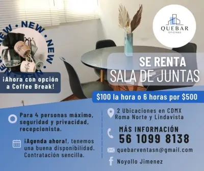 Salas de Juntas desde $100/hora en Roma, Lindavista