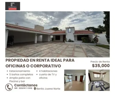 RENTA DE CASA PARA OFICINA O CORPORTAIVO EN LA COL. BENITO 