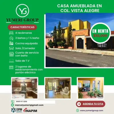 RENTA DE CASA AMUEBLADA EN VISTA ALEGRE MERIDA YUCATAN