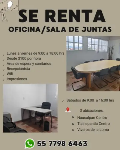 SALA DE JUNTAS U OFICINA POR HORA SOLO $100