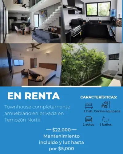 RENTA DE TOWNHOUSE EN TEMOZON NORTE AMUEBLADO 