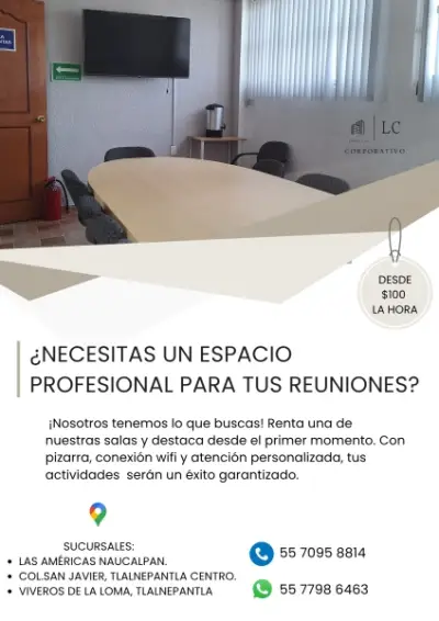 OFICINA Y SALA DE JUNTAS POR HORA $100