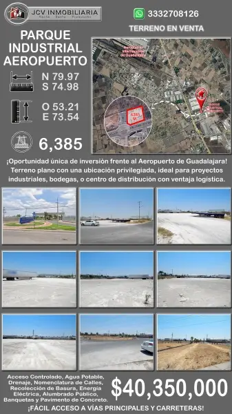 Terreno en venta en parque ind. Aeropuerto gdl. 6385 mts.