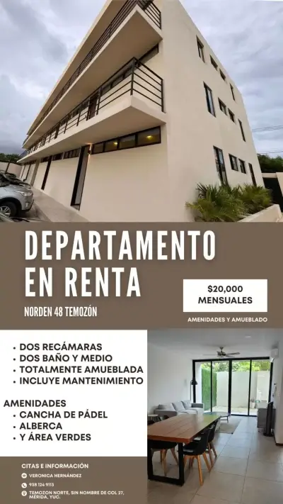 RENTA DE DEPARTAMENTO AMUEBLADO EN TEMOZON CON AMENIDADES