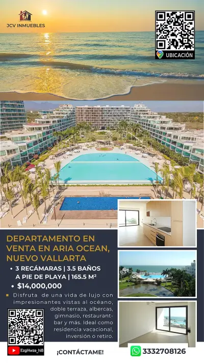 DEPARTAMENTO EN VENTA EN ARIA OCEAN, NVO VALLARTA. 165.5 Mts