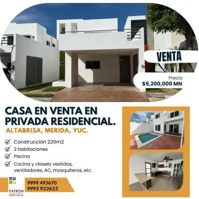 VENTA DE CASA EN PRIVADA EN RESIDENCIAL ALTABRISA MERIDA YUC
