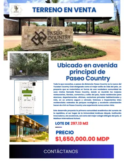VENTA DE TERRENO EN AVENIDA EN PASEO COUNTRY CLUB MERIDA