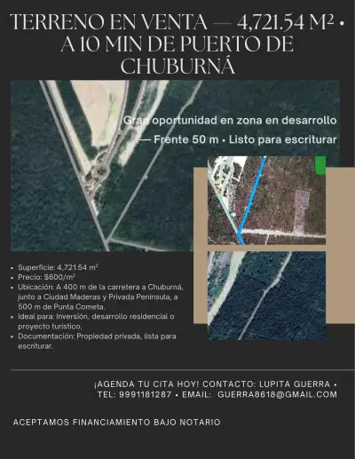 Terreno 4,721.54 m² a 10 min de puerto de chuburná — ¡listo