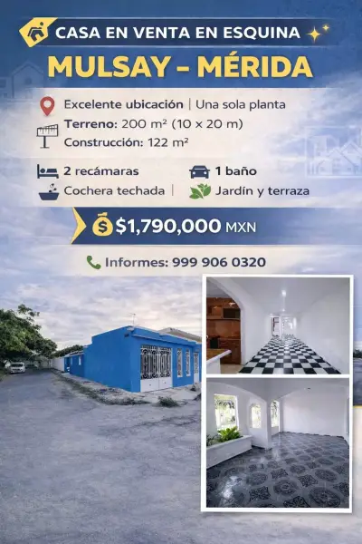 Venta de casa en esquina en la col. Mulsay merida Yucatan