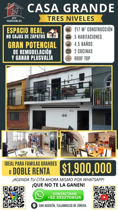 Casa en venta en san agustín: 217m² construcción, 5 rec.