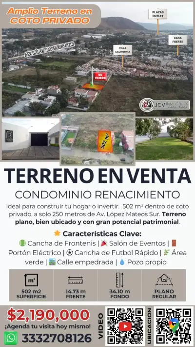 Terreno en cond. Renacimiento, por av. López mateos sur