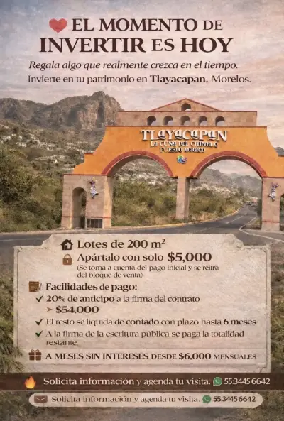Inversión accesible Tlayacapan contado o meses sin intereses