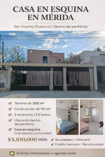 Venta de casa en esquina en san vicengte chuburna merida yuc