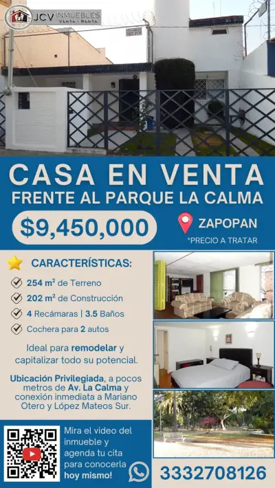 Casa en venta frente al parque la calma, Zapopan, 254 mts.