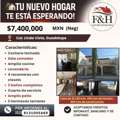 🏡 casa en venta 📍 colonia linda vista, Guadalupe