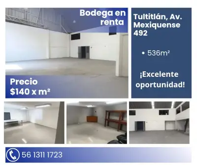 Bodega en renta ubicada en tultitlán avenida mexiquense 492