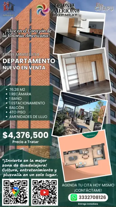 Departamento nuevo en la col. Americana. 76 mts.