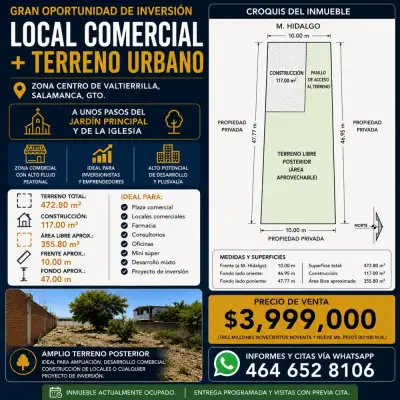 🏪 local comercial + terreno en venta en valtierrilla | 472.