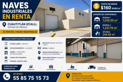 2 naves industriales en renta - xhala, cuautltlan izcalli