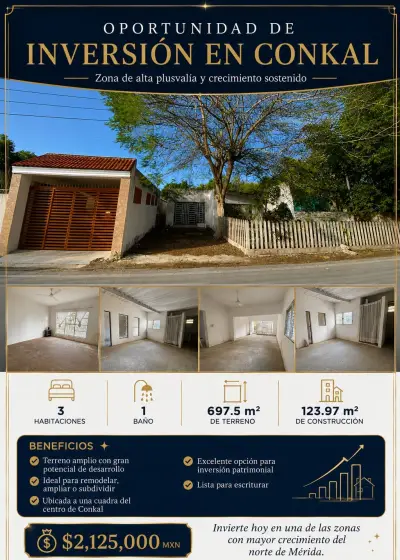 Venta de casa en Conkal con terreno de 697 m2