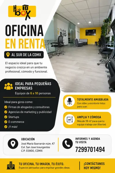 Oficina amueblada en renta | excelente ubicación al sur de l