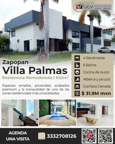 Residencia en venta en villa palmas, Zapopan. 602 mts.