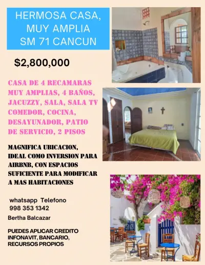 Hermosa casa 4 recamaras, en venta Cancun