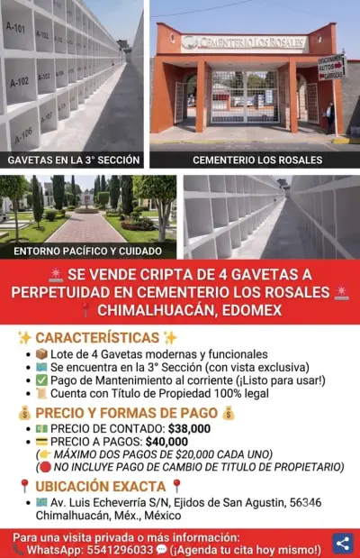 Venta cripta de 4 gavetas cementerio los rosales chimalhuaca