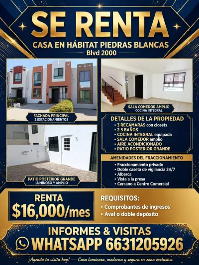 Renta hábitat piedras blancas, a un costado del blvd. 2000.