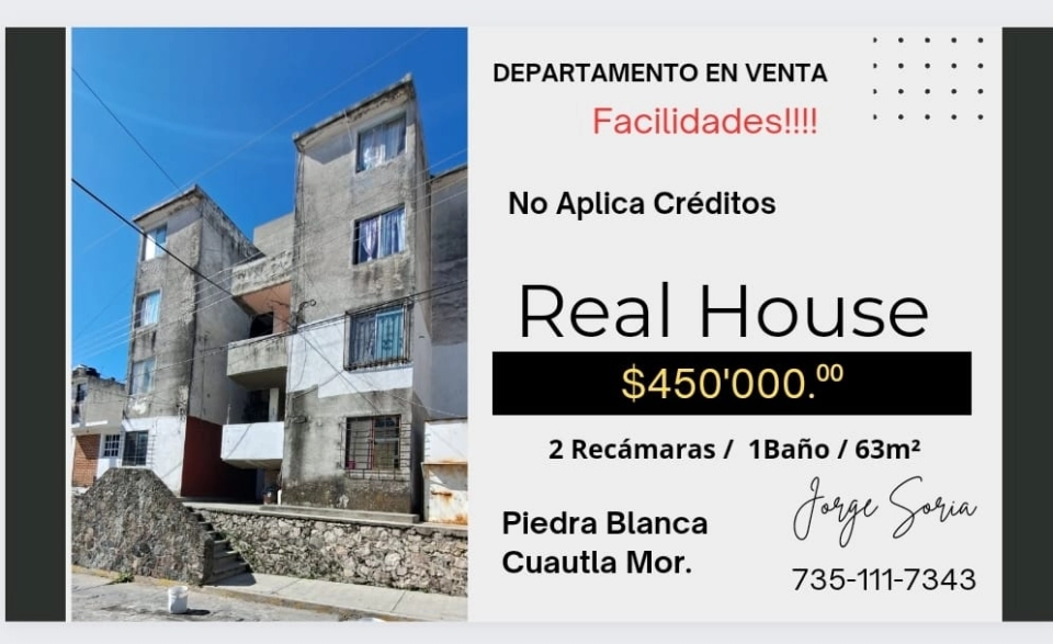 DEPARTAMENTO EN VENTA  PIEDRA BLANCA CUAUTLA