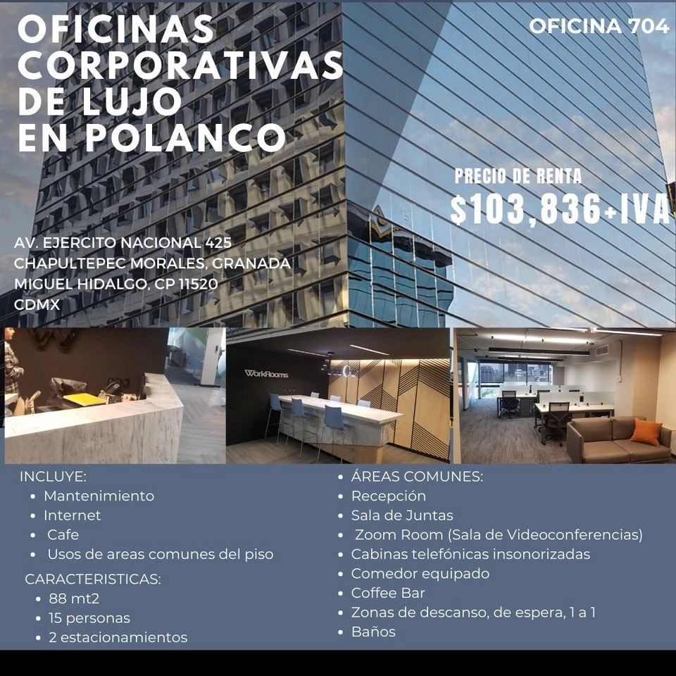 ALQUILER DE OFICINAS CORPORATIVAS DE LUJO EN POLANCO, 88 MT2