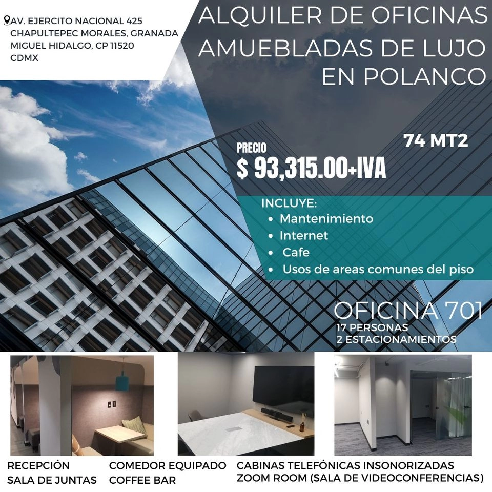 OFICINAS EXCLUSIVAS DE 74 MT2 EN POLANCO,LUJO Y COMODIDAD 