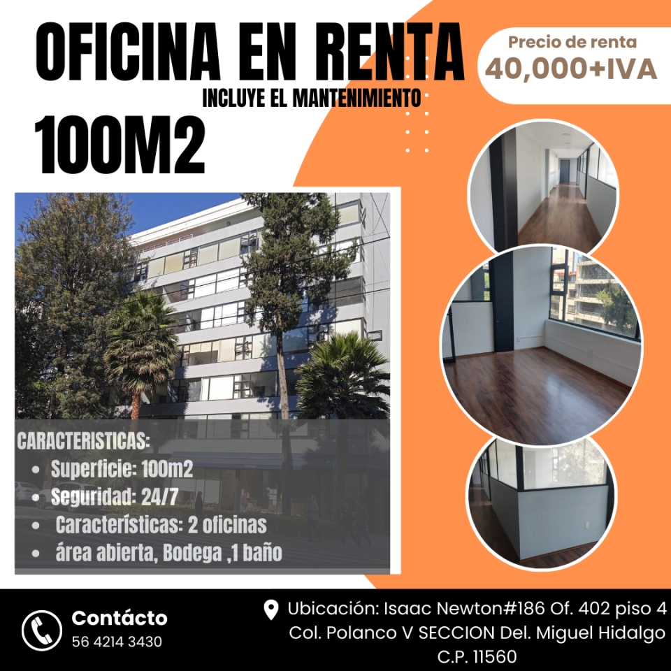 OFICINA EN POLANCO DE 100 MT2 EN $40,000+IVA