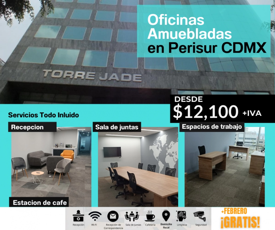 RENTA DE OFICINAS  EN PERISUR CDMX ,DESDE $12,100+IVA