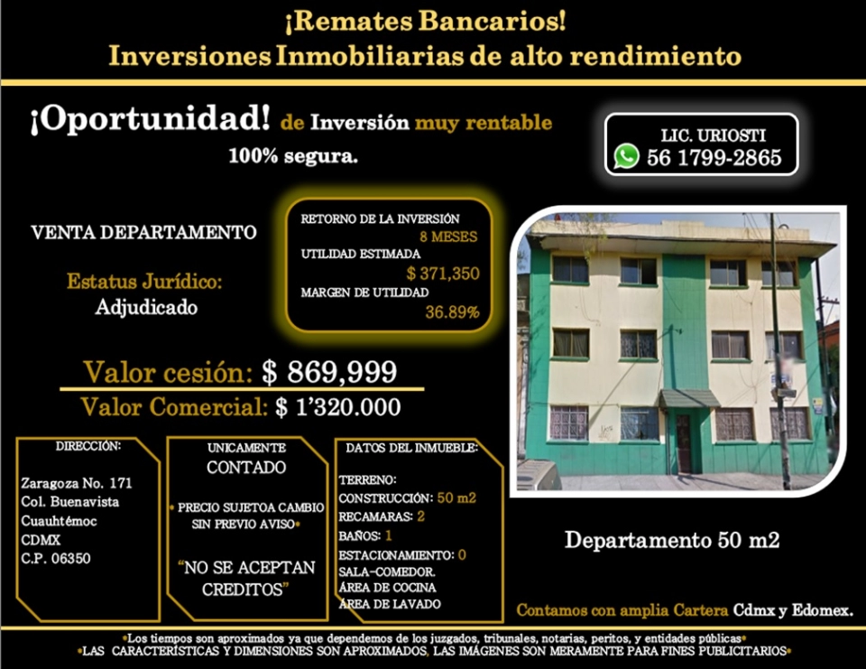 INMEJORABLE OPORTUNIDAD DEPARTAMENTO EN BUENAVISTA DE REMATE