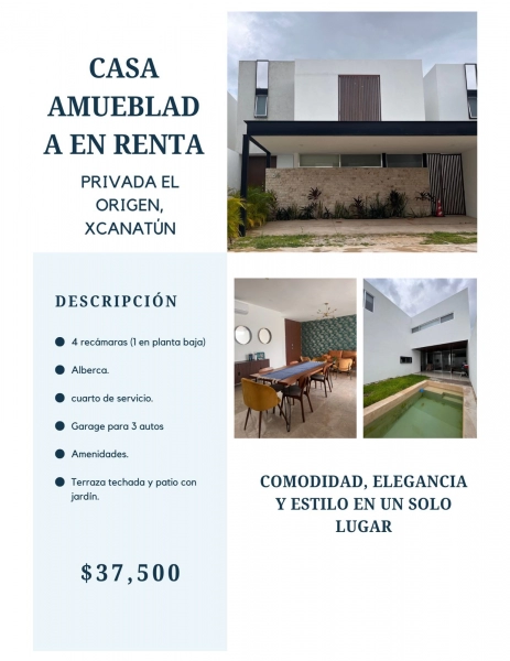 RENTA DE CASA AMUEBLADA EN EL ORIGEN XCANATUN CON PISCINA 