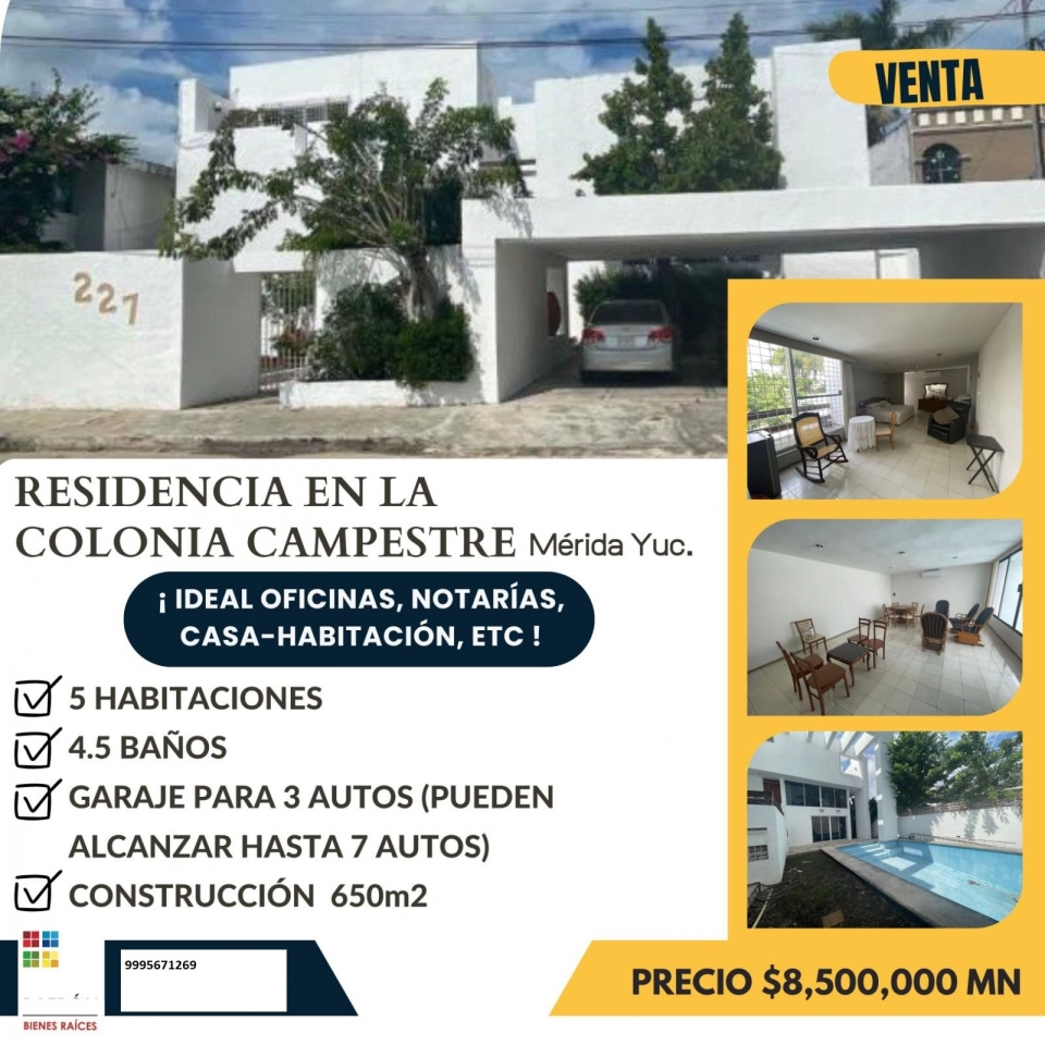 VENTA DE RESIDENCIA EN LA COLONIA CAMPESTRE EN MERIDA YUCATA