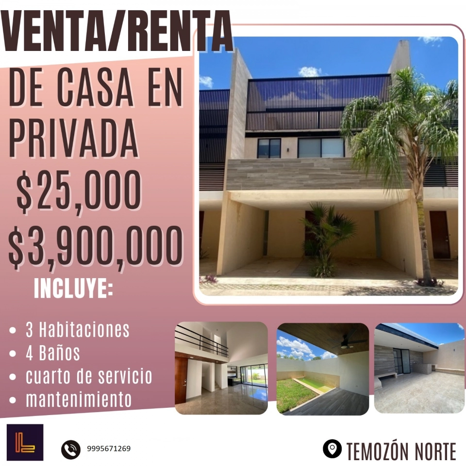 VENTA O RENTA DE CASA EN TEMOZON NORTE MERIDA YUCATAN