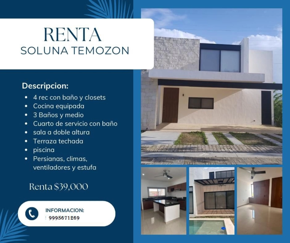 RENTA DE CASA EN SOLUNA TEMOZON C/ PISCINA